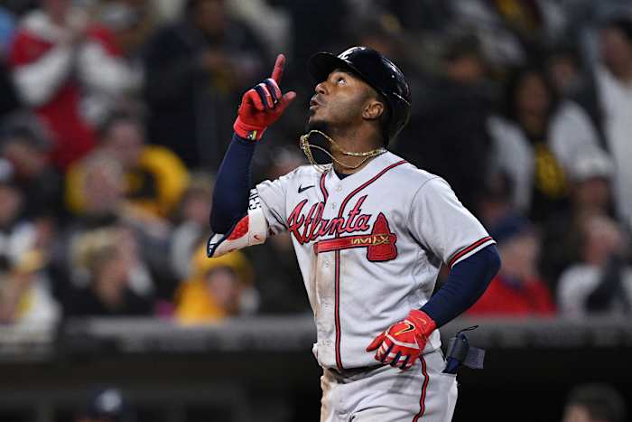Apr 18, 2023; San Diego, California, USA; Atlanta Braves second baseman Ozzie Albies (1) gestures while rounding the bases after hitting a three-run home run during the eighth inning against the San Diego Padres at Petco Park.